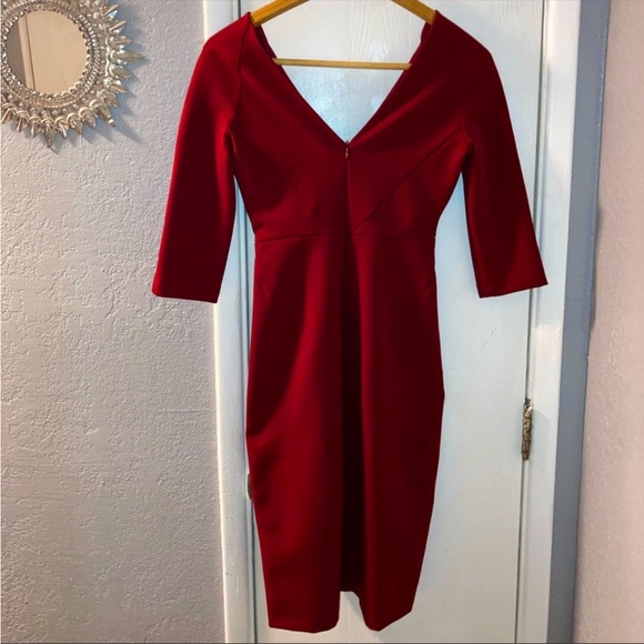 ZARA WOMAN Deep Red V-Neckline 3/4 Sleeve Bodycon Mini Dress XS - Picture 2 of 4